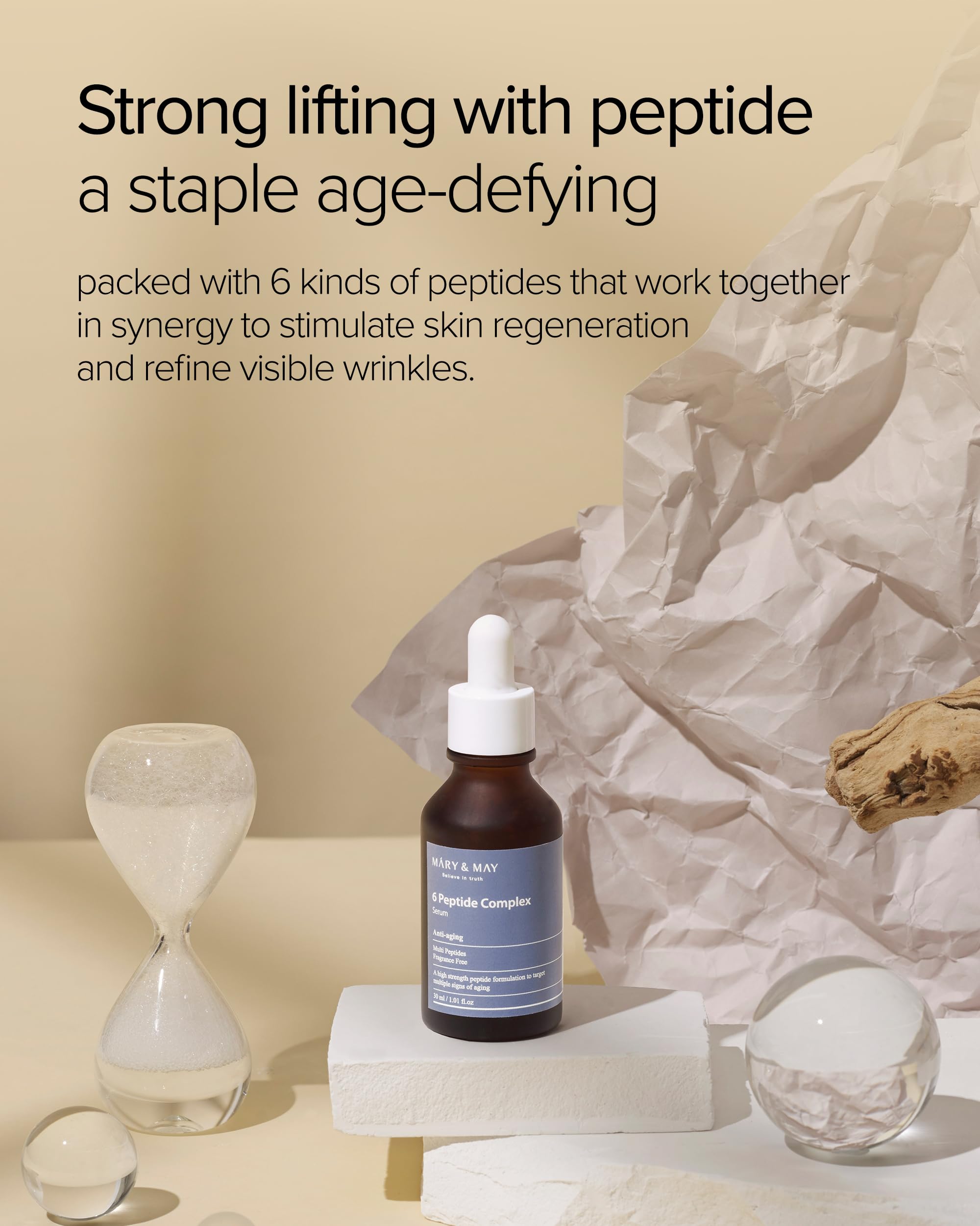 Mary&May 6 Peptide Complex Serum - Advanced Wrinkle Improvement with Firming and Lifting Effects - Korean Skincare - Fragrance Free, Hypoallergenic, Quick Absorbing, 1.01oz.